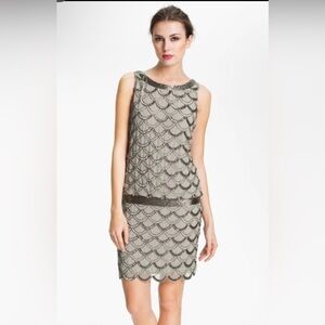 Adrianna Papell Art Deco Beaded Cocktail Dress Taupe Silver Mesh SZ 8 NWT Party